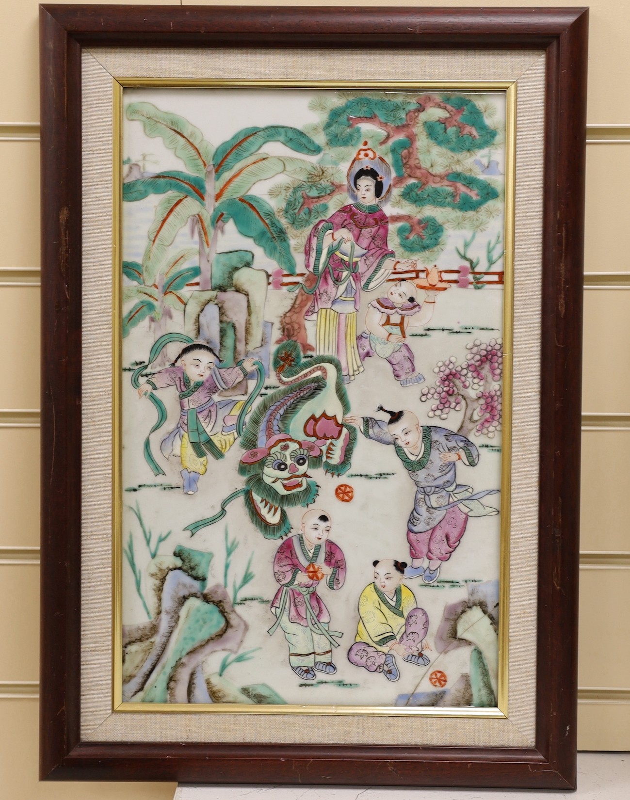 A Chinese 20th century famille rose porcelain plaque, 42 x 26cm